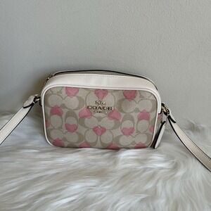 Coach Jamie Camera Bag Signature Canvas Pink Heart Print Crossbody Khaki White